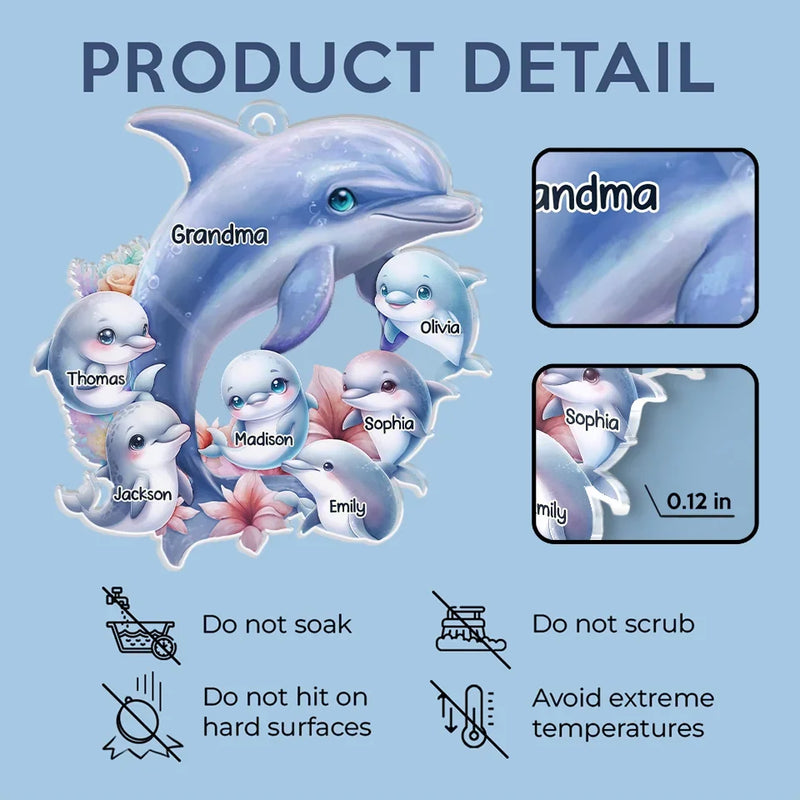 Like A Dolphin, Grandma Brings Joy With Every Wave - Family Personalized Custom Car Ornament - Acrylic Custom Shaped - Gift For Mom, Grandma