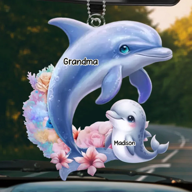 Like A Dolphin, Grandma Brings Joy With Every Wave - Family Personalized Custom Car Ornament - Acrylic Custom Shaped - Gift For Mom, Grandma