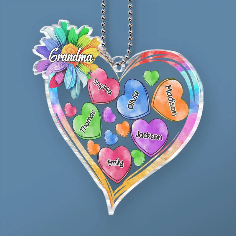 A Grandma’s Heart Is Where The Most Beautiful Flowers Grow - Family Personalized Custom Car Ornament - Acrylic Custom Shaped - Gift For Mom, Grandma