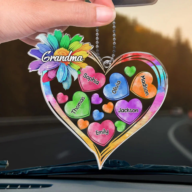 A Grandma’s Heart Is Where The Most Beautiful Flowers Grow - Family Personalized Custom Car Ornament - Acrylic Custom Shaped - Gift For Mom, Grandma