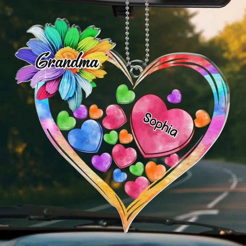 A Grandma’s Heart Is Where The Most Beautiful Flowers Grow - Family Personalized Custom Car Ornament - Acrylic Custom Shaped - Gift For Mom, Grandma