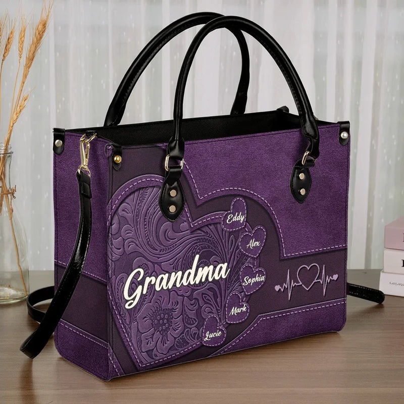 Grandmothers Are The Roots Of A Family Tree - Family Personalized Custom Leather Handbag - Gift For Mom, Grandma