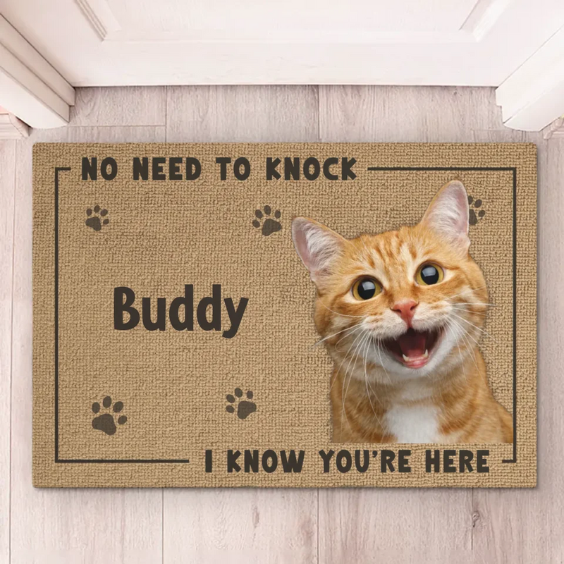 Custom Photo No Need To Knock - Dog & Cat Personalized Custom Home Decor Decorative Mat - House Warming Gift For Pet Owners, Pet Lovers