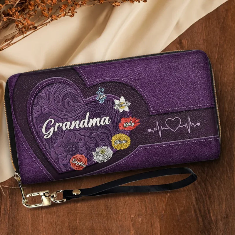 Her Hugs Fix Everything - Family Personalized Custom Leather Long Wallet - Gift For Grandma