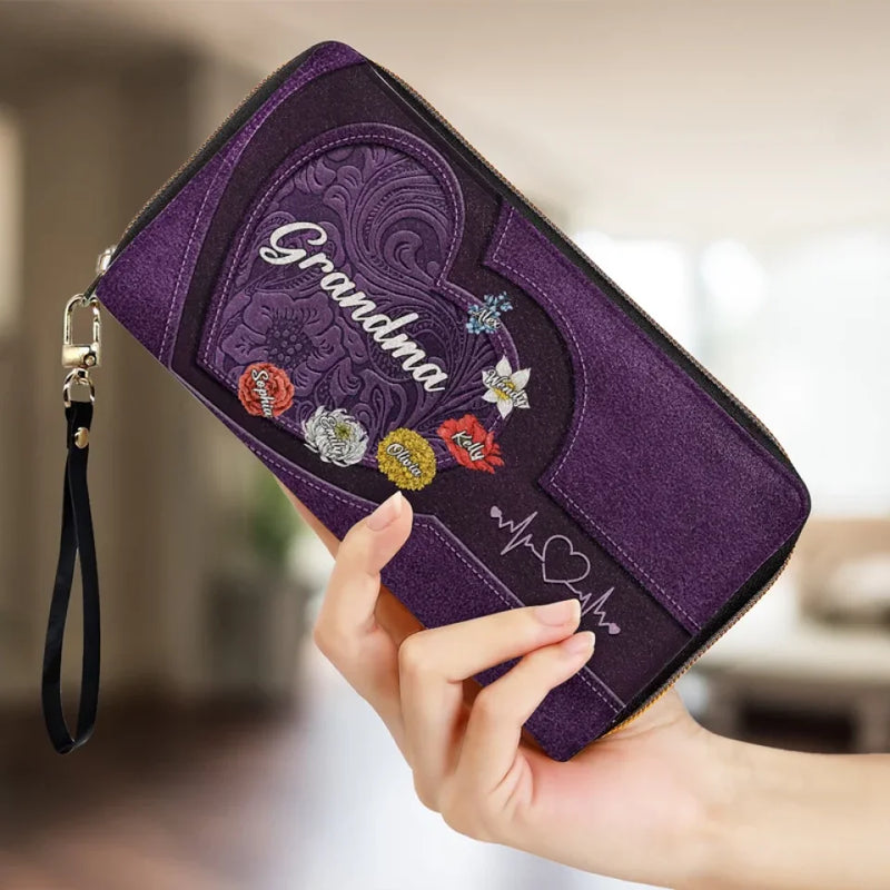 Her Hugs Fix Everything - Family Personalized Custom Leather Long Wallet - Gift For Grandma