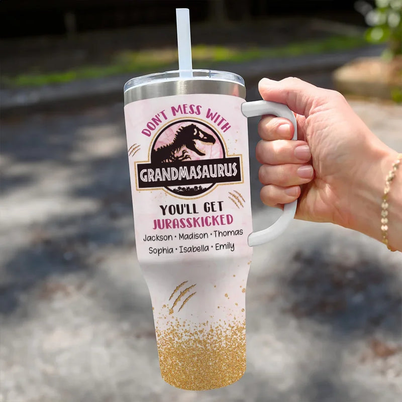 Her Heart’s As Big As A Dinosaur’s Roar - Family Personalized Custom 40 Oz Stainless Steel Tumbler With Handle - Gift For Mom, Grandma