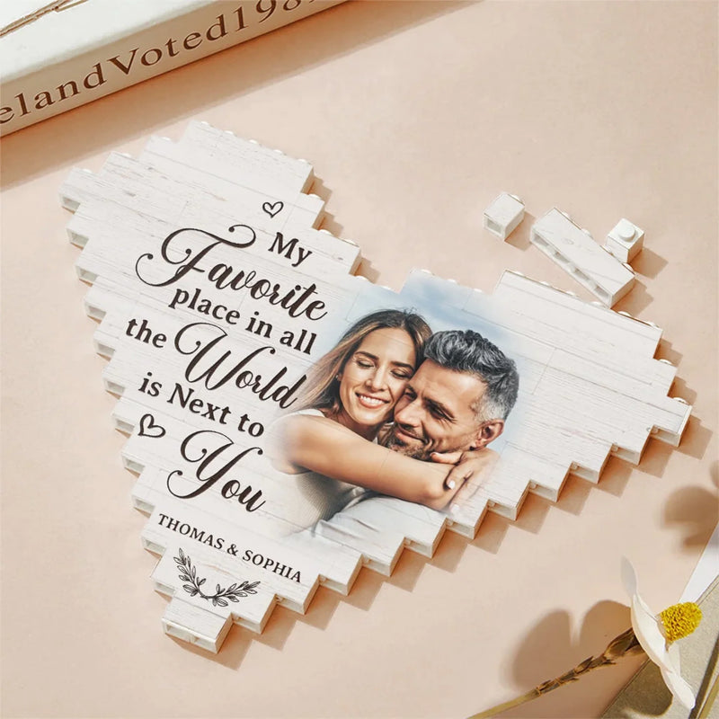 Custom Photo My Favorite Place In All The World Is You - Couple Personalized Custom Heart Shaped Building Brick Blocks - Gift For Husband Wife, Anniversary