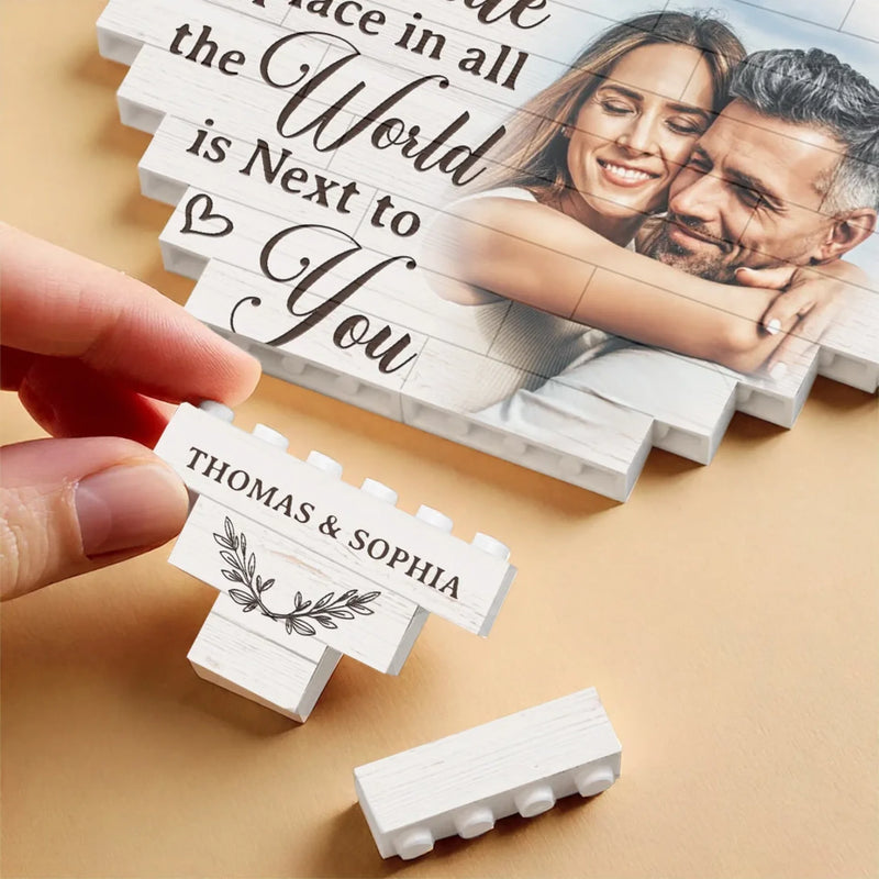 Custom Photo My Favorite Place In All The World Is You - Couple Personalized Custom Heart Shaped Building Brick Blocks - Gift For Husband Wife, Anniversary