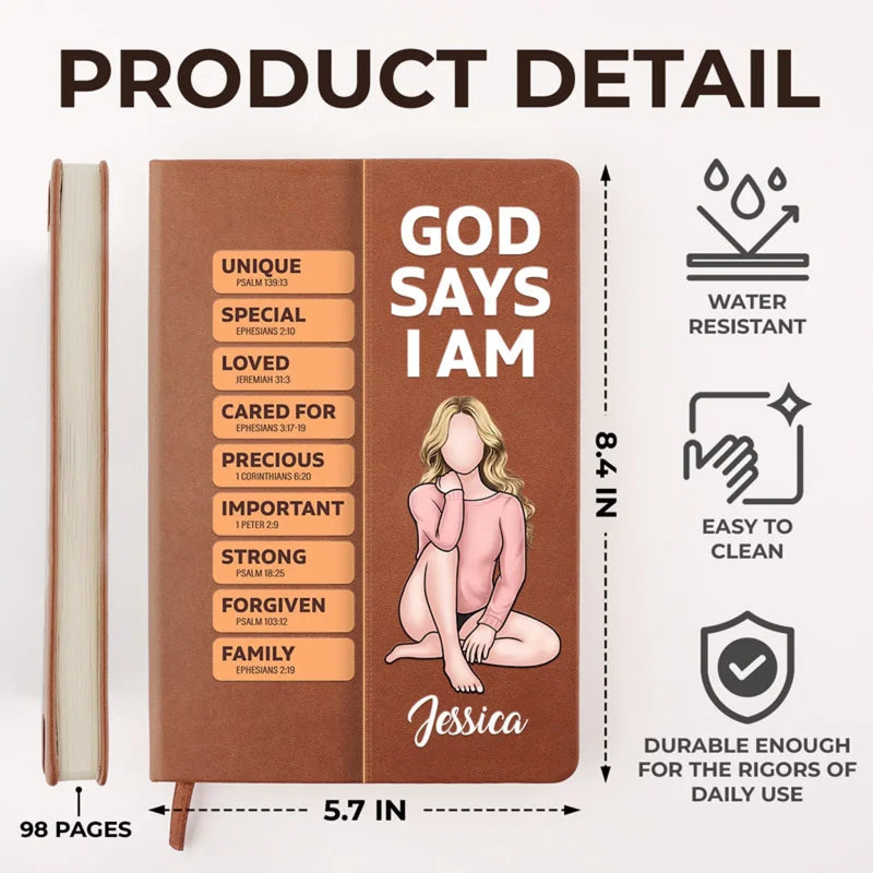 God Says I Am Defined By His Love - Family Personalized Custom Leather Journal - Gift For Yourself, Best Friends, Siblings, Family Members
