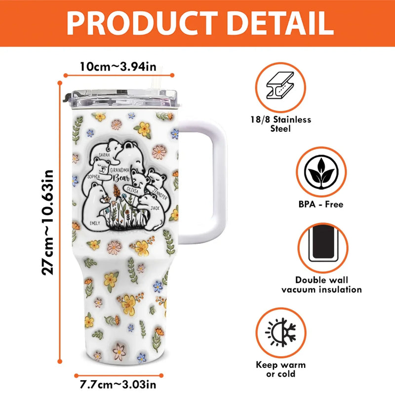 Love Grows Deeper With The Joy Of Grandkids - Family Personalized Custom 3D Inflated Effect Printed 40 Oz Stainless Steel Tumbler With Handle - Gift For Mom, Grandma