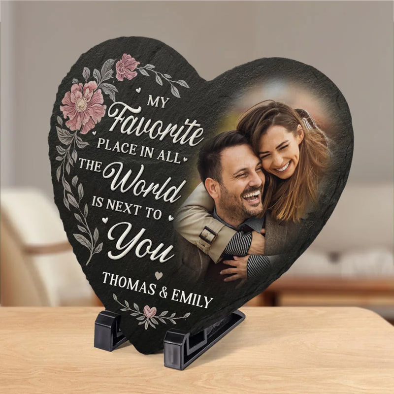 Custom Photo Together Is My Favorite Place To Be - Couple Personalized Custom Heart Shaped Stone With Stand - Gift For Husband Wife, Anniversary