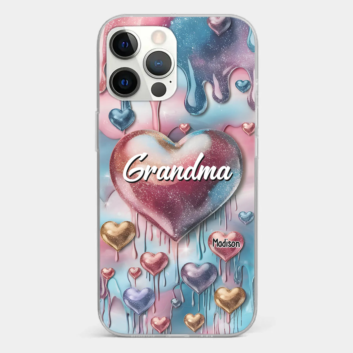 Coque de téléphone transparente personnalisée avec effet gonflé en 3D, « Pour toujours dans le cœur de grand-mère » – Cadeau pour maman et grand-mère