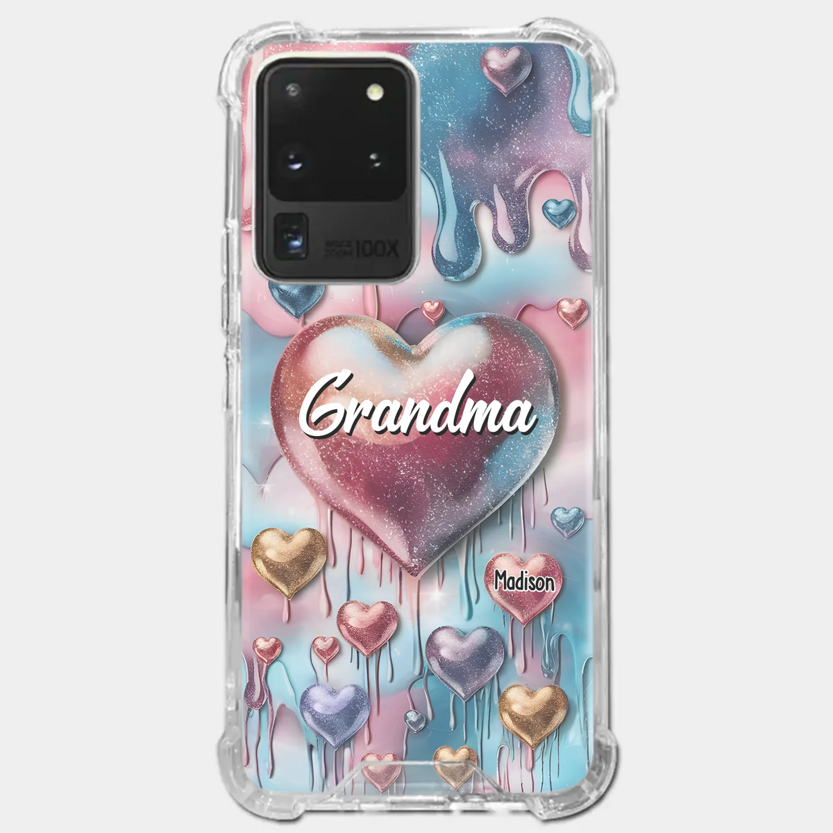 Coque de téléphone transparente personnalisée avec effet gonflé en 3D, « Pour toujours dans le cœur de grand-mère » – Cadeau pour maman et grand-mère
