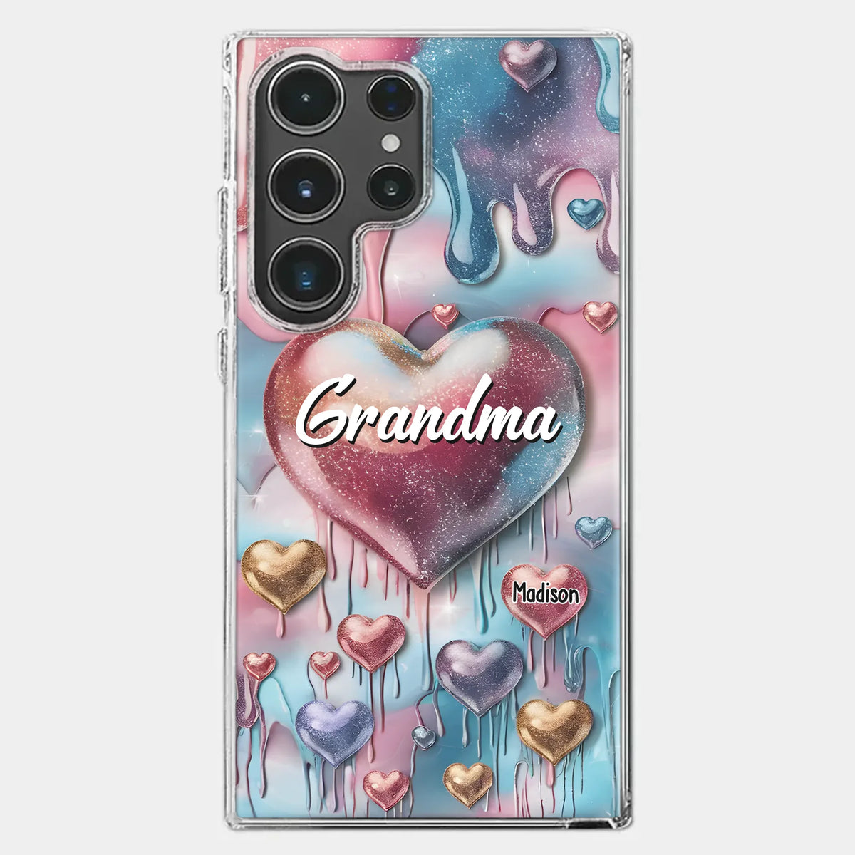 Coque de téléphone transparente personnalisée avec effet gonflé en 3D, « Pour toujours dans le cœur de grand-mère » – Cadeau pour maman et grand-mère