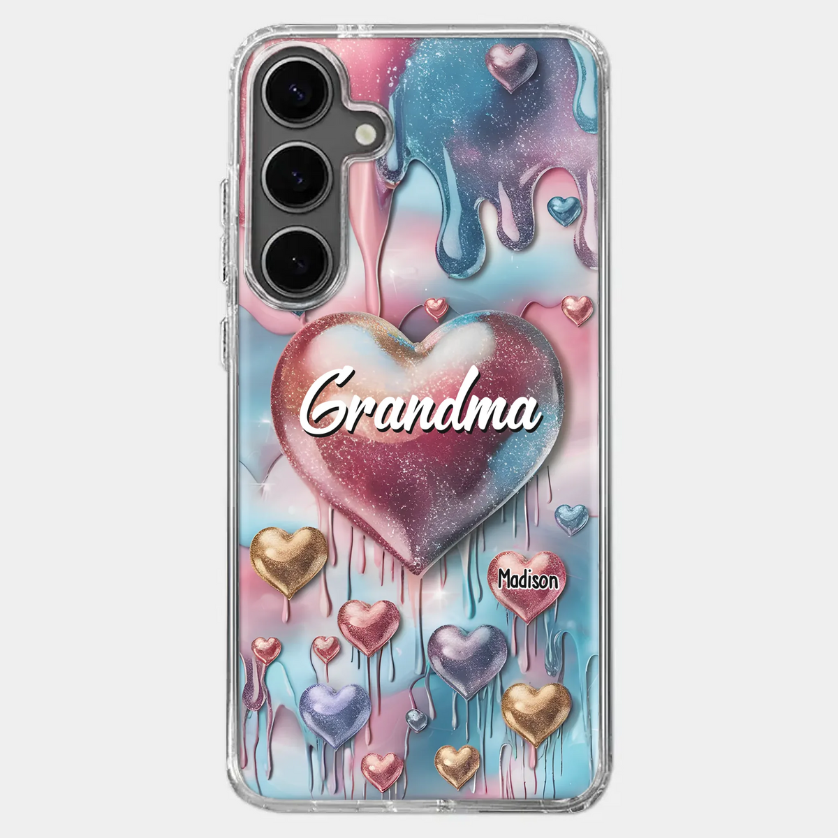 Coque de téléphone transparente personnalisée avec effet gonflé en 3D, « Pour toujours dans le cœur de grand-mère » – Cadeau pour maman et grand-mère