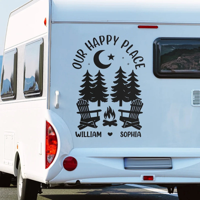 Our Happy Place - Camping Personalized Custom RV Decal - Gift For Yourself, Best Friends, Siblings, Family Members, Camping Lovers