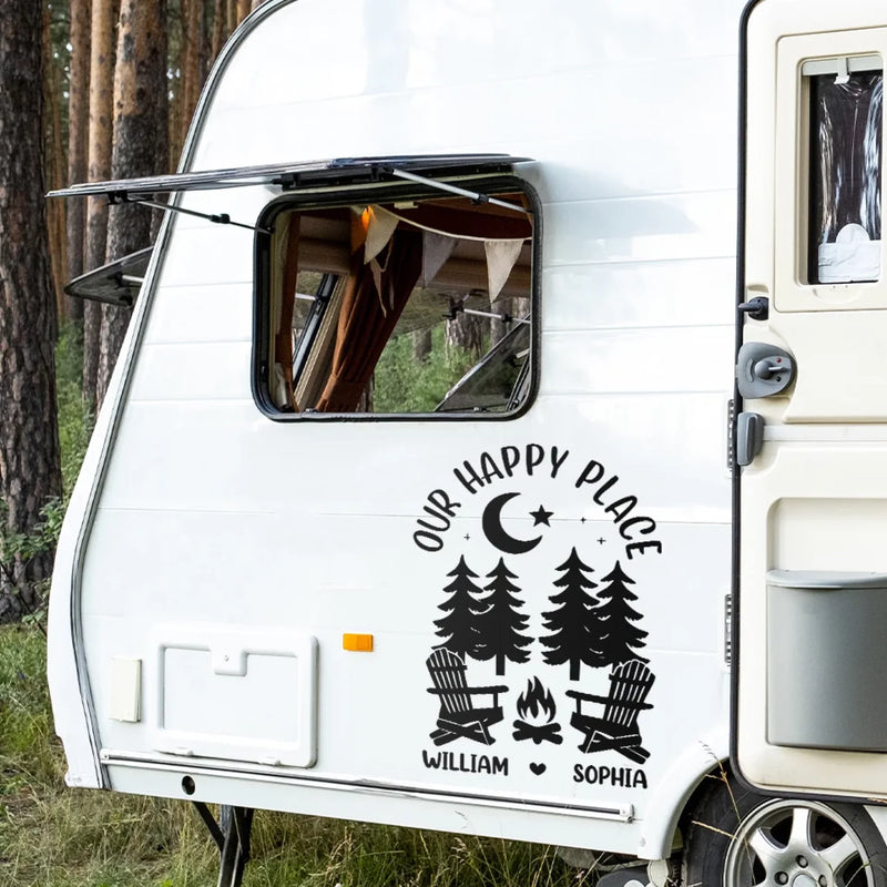 Our Happy Place - Camping Personalized Custom RV Decal - Gift For Yourself, Best Friends, Siblings, Family Members, Camping Lovers