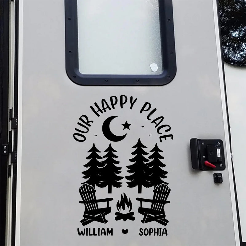 Our Happy Place - Camping Personalized Custom RV Decal - Gift For Yourself, Best Friends, Siblings, Family Members, Camping Lovers