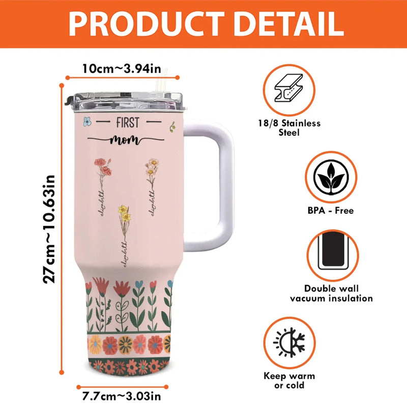 From Her Roots, We Blossom - Family Personalized Custom 40 Oz Stainless Steel Tumbler With Handle - Gift For Mom, Grandma