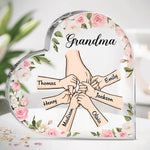 Her Hands May Be Small, But They Hold A World Of Love - Family Personalized Custom Heart Shaped Acrylic Plaque - Gift For Mom, Grandma