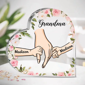 Her Hands May Be Small, But They Hold A World Of Love - Family Personalized Custom Heart Shaped Acrylic Plaque - Gift For Mom, Grandma