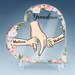 Her Hands May Be Small, But They Hold A World Of Love - Family Personalized Custom Heart Shaped Acrylic Plaque - Gift For Mom, Grandma