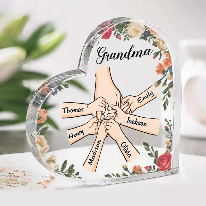 Hold My Hand, Hold My Heart - Family Personalized Custom Heart Shaped Acrylic Plaque - Gift For Mom, Grandma
