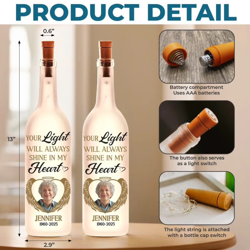 Custom Photo Your Light Will Always Shine In My Heart - Memorial Personalized Custom Bottle Lamp - Sympathy Gift For Family Members