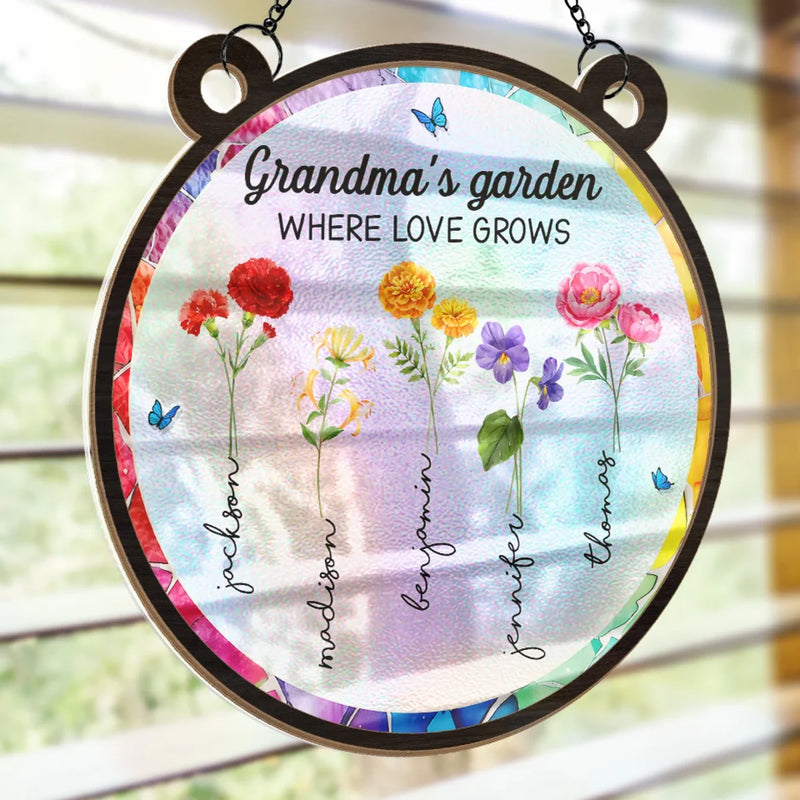 A Grandmother’s Heart Is A Garden Of Love - Family Personalized Window Hanging Suncatcher - Gift For Mom, Grandma