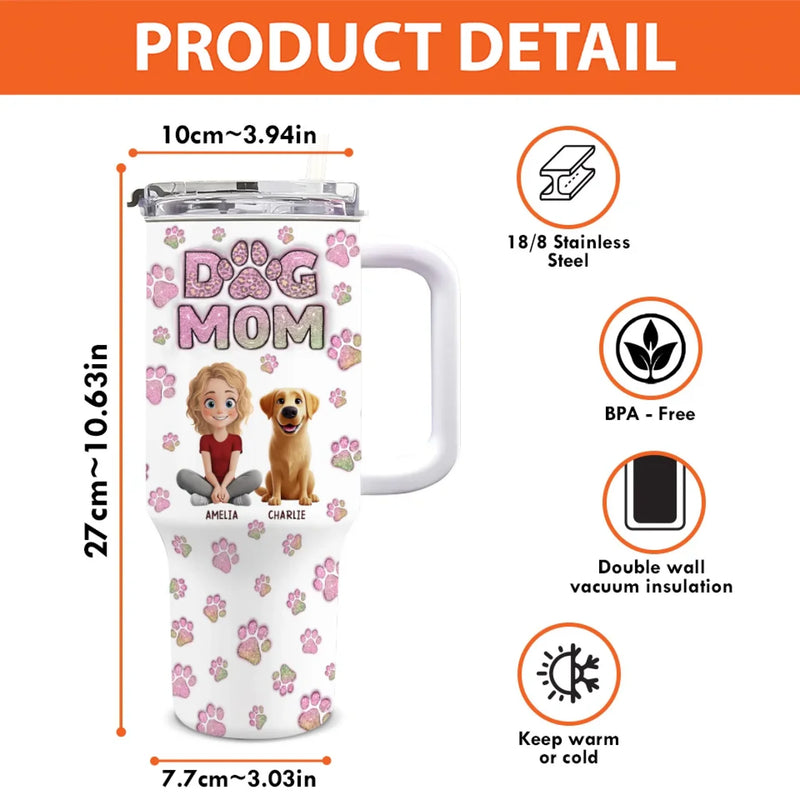 Purrs And Wags, My Daily Joy - Dog & Cat Personalized Custom 3D Inflated Effect Printed 40 Oz Stainless Steel Tumbler With Handle - Gift For Pet Owners, Pet Lovers