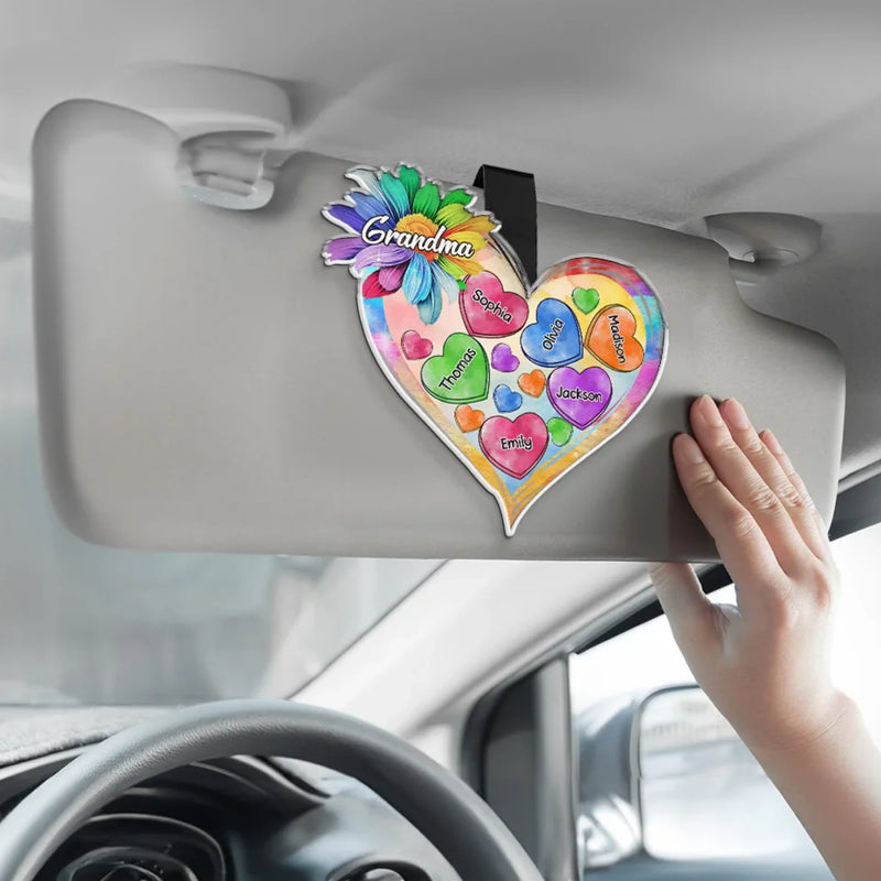A Grandma Is Warm Hugs And Sweet Memories - Family Personalized Custom Car Visor Clip - Gift For Mom, Grandma