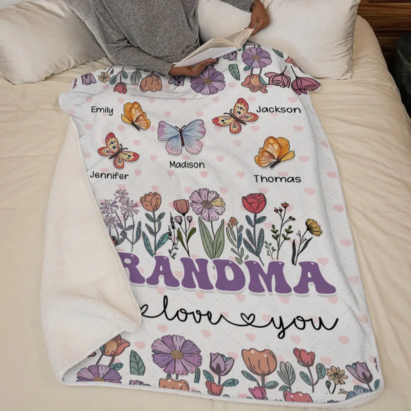 Grandma’s Love Blooms In Every Hug - Family Personalized Custom Blanket - Gift For Mom, Grandma