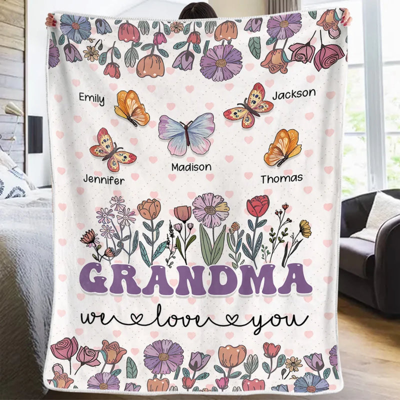 Grandma’s Love Blooms In Every Hug - Family Personalized Custom Blanket - Gift For Mom, Grandma