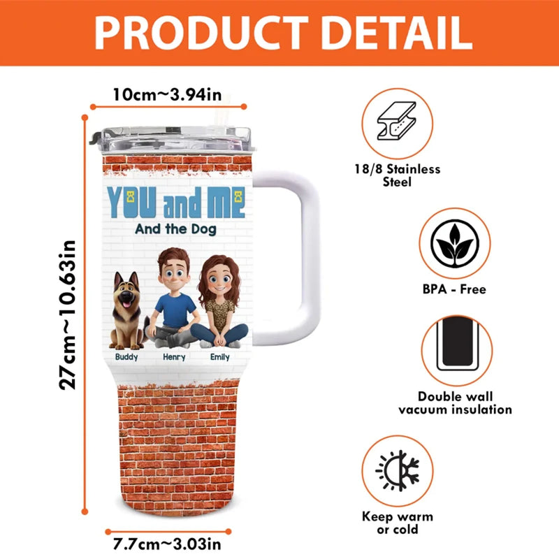 Only Us, Love And Wagging Tails - Couple Personalized Custom 40 Oz Stainless Steel Tumbler With Handle - Gift For Husband Wife, Anniversary, Pet Owners, Pet Lovers