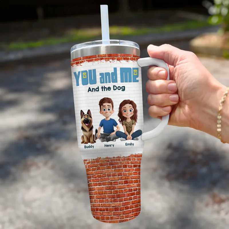Only Us, Love And Wagging Tails - Couple Personalized Custom 40 Oz Stainless Steel Tumbler With Handle - Gift For Husband Wife, Anniversary, Pet Owners, Pet Lovers