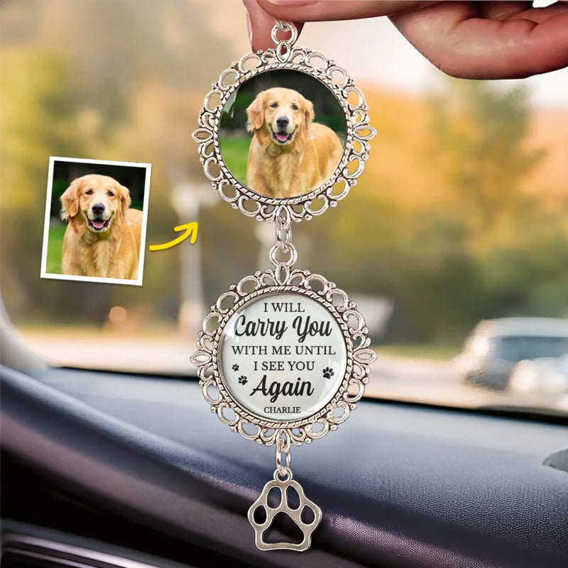 Custom Photo Forever In My Heart - Memorial Personalized Custom Metal Car Hanging Ornament With Charm - Sympathy Gift For Pet Owners, Pet Lovers