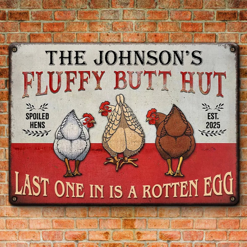 Fluffy Butt Hut - Family Personalized Custom Home Decor Metal Sign - House Warming Gift For Yourself, Husband Wife, Best Friends, Family Members