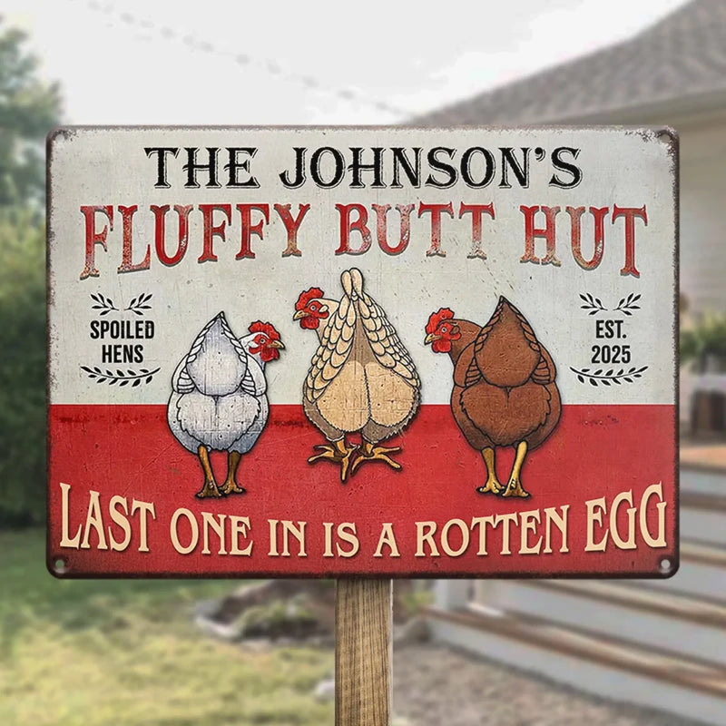 Fluffy Butt Hut - Family Personalized Custom Home Decor Metal Sign - House Warming Gift For Yourself, Husband Wife, Best Friends, Family Members
