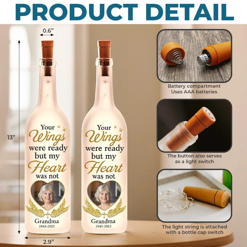 Custom Photo Your Wings Were Ready But Our Hearts Were Not - Memorial Personalized Custom Bottle Lamp - Sympathy Gift For Family Members
