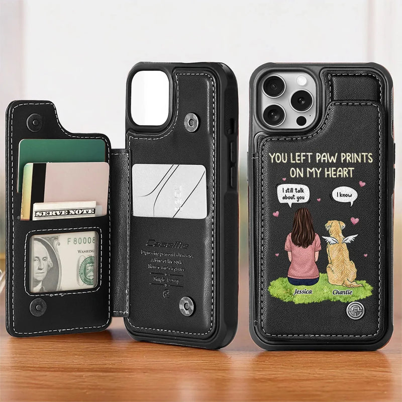 You Left Paw Prints On My Heart - Memorial Personalized Custom Leather Flip Wallet Phone Case - Sympathy Gift For Pet Owners, Pet Lovers