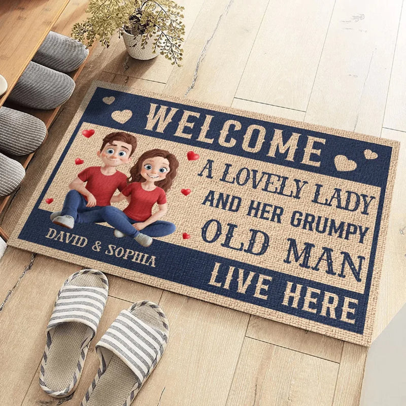 A Lovely Lady And Her Grumpy Old Man Live Here - Couple Personalized Custom Home Decor Decorative Mat - House Warming Gift For Husband Wife, Anniversary