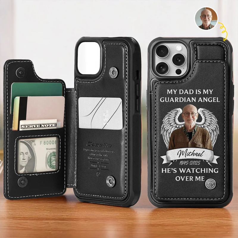 Custom Photo My Dad Is My Guardian Angel - Memorial Personalized Custom Leather Flip Wallet Phone Case - Sympathy Gift For Family Members
