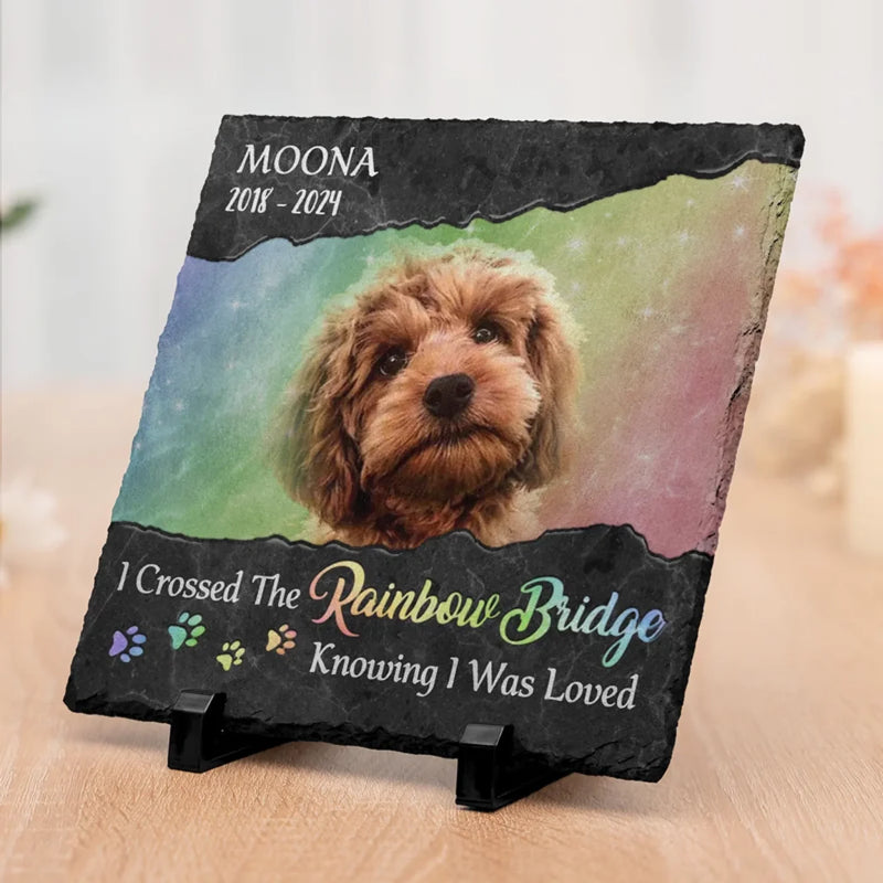 Custom Photo Waiting At The Rainbow Bridge - Memorial Personalized Custom Square Shaped Stone With Stand - Sympathy Gift For Pet Owners, Pet Lovers