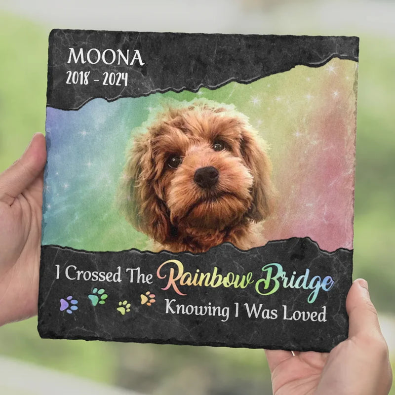 Custom Photo Waiting At The Rainbow Bridge - Memorial Personalized Custom Square Shaped Stone With Stand - Sympathy Gift For Pet Owners, Pet Lovers