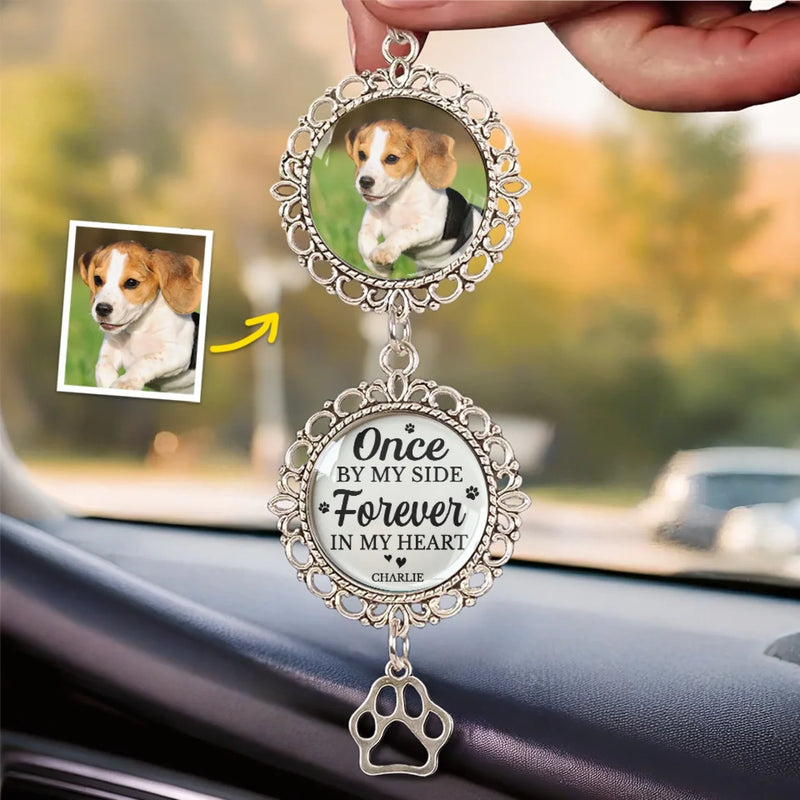Custom Photo You Once By My Side Forever In My Heart - Memorial Personalized Custom Metal Car Hanging Ornament With Charm - Sympathy Gift For Pet Owners, Pet Lovers