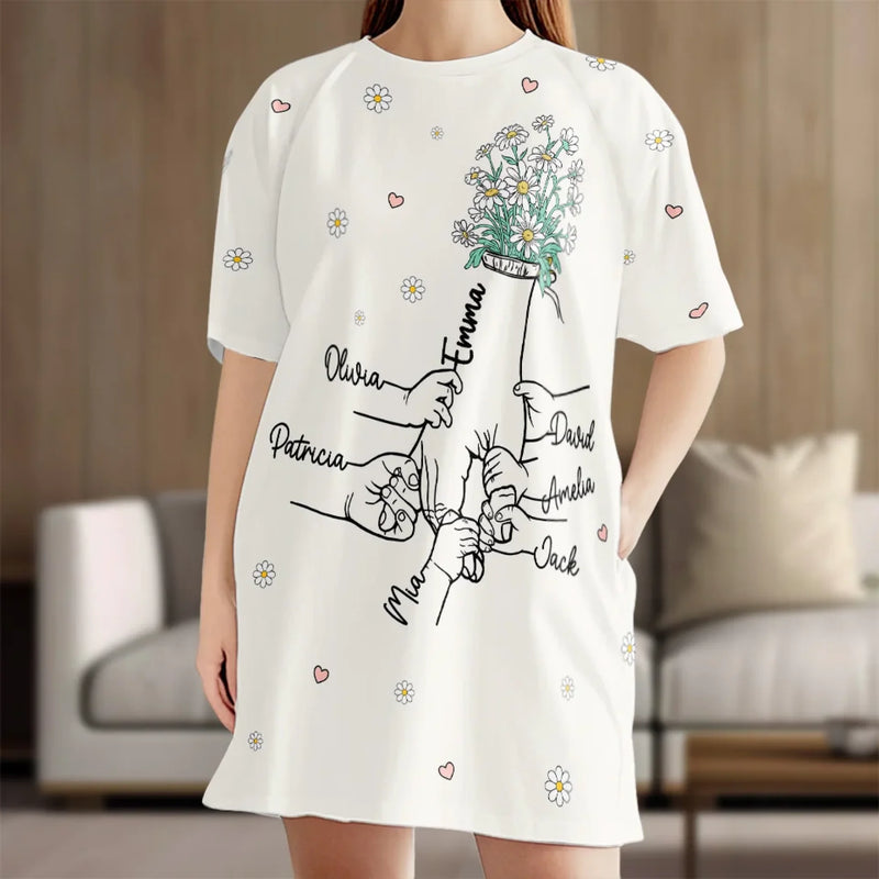 Hand In Hand, Heart To Heart - Family Personalized Custom Women's Sleep Tee - Mother's Day Gift For Mom, Grandma