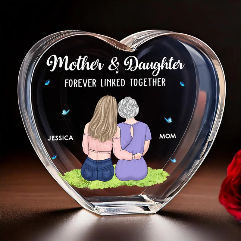 Mother And Daughter Forever Linked Together - Family Personalized Custom 3D Crystal Heart Shaped - Mother's Day, Gift For Mom
