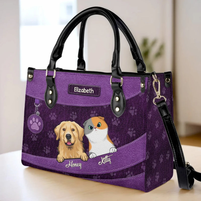 Paws, Love, And Happiness - Dog & Cat Personalized Custom Leather Handbag - Gift For Pet Owners, Pet Lovers