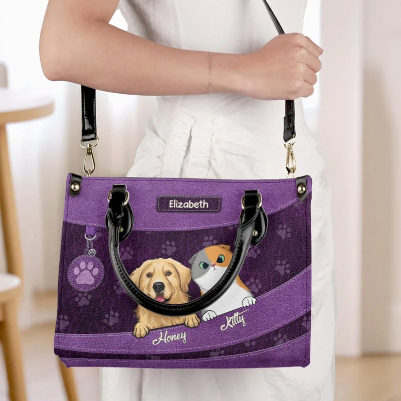 Paws, Love, And Happiness - Dog & Cat Personalized Custom Leather Handbag - Gift For Pet Owners, Pet Lovers