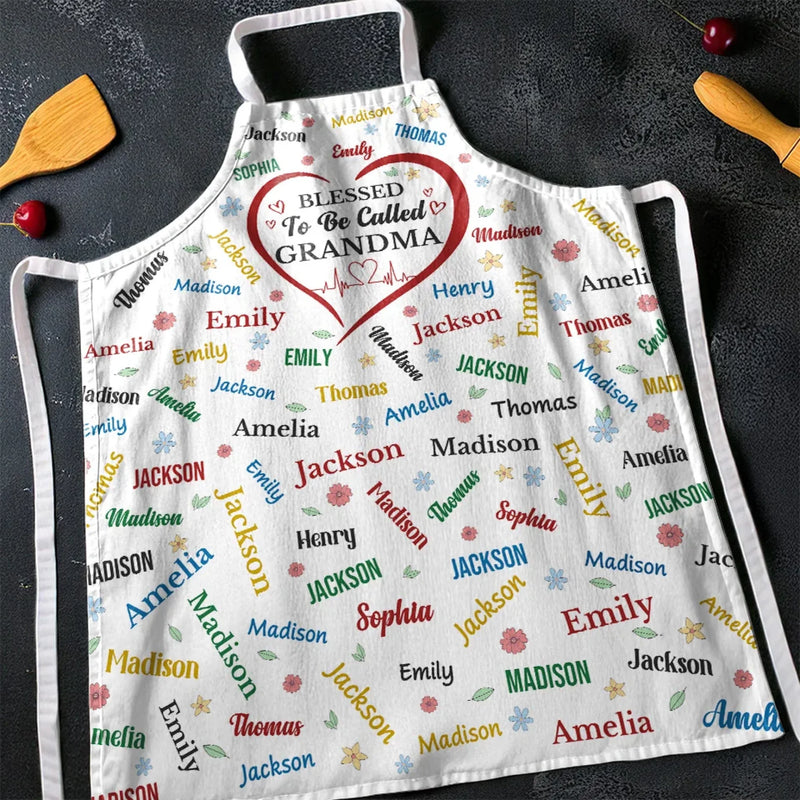 A Blessed Grandma, A Happy Heart - Family Personalized Custom Apron - Mother's Day, Gift For Mom, Grandma